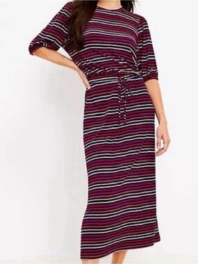 LOFT Multi-Color Striped Drawstring Modest Retro Midi Dress Size Small